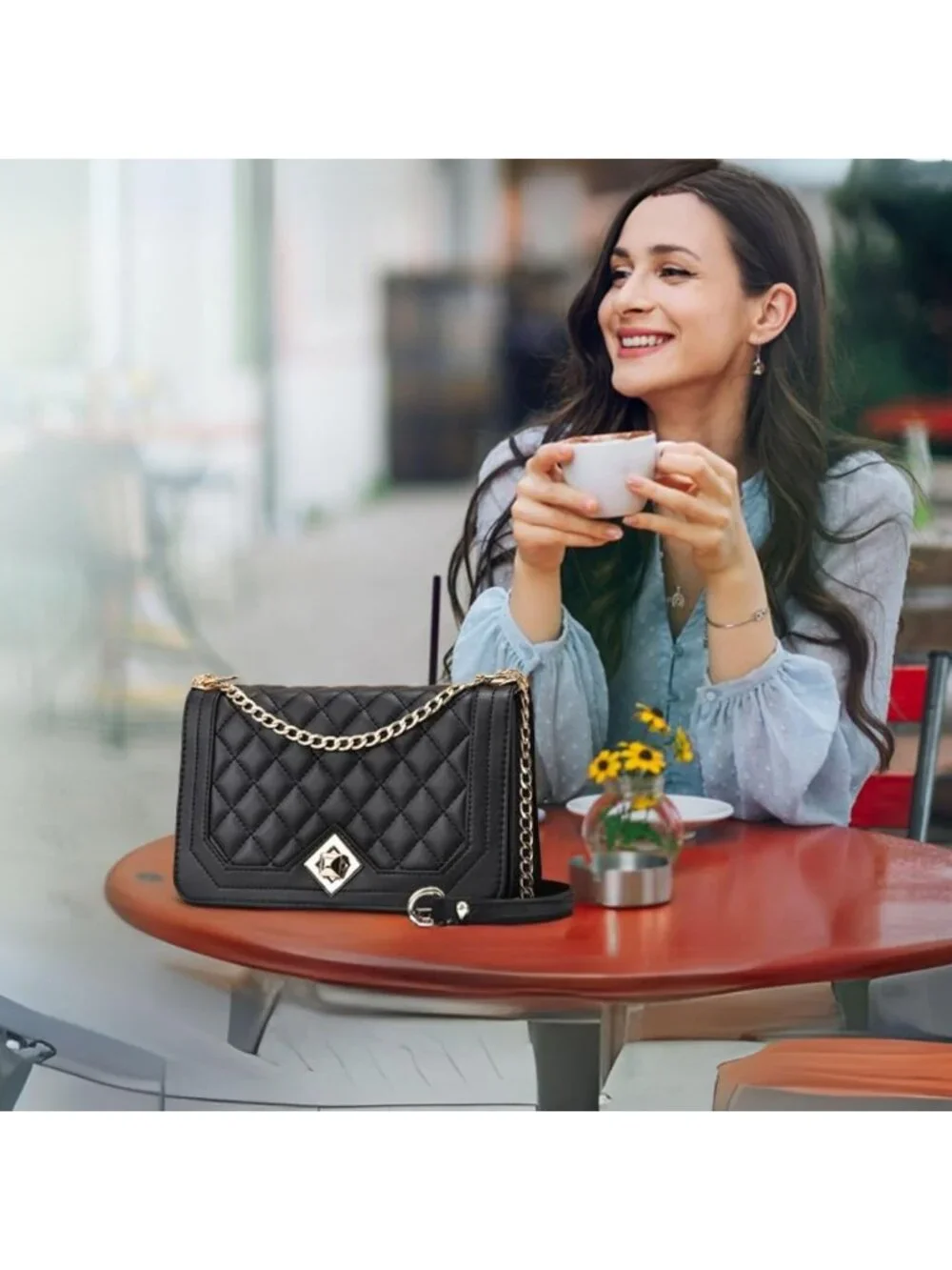 Women's Linge Black Quilted Small Pu Leather Shoulder Purse Chain Crossbody Bag